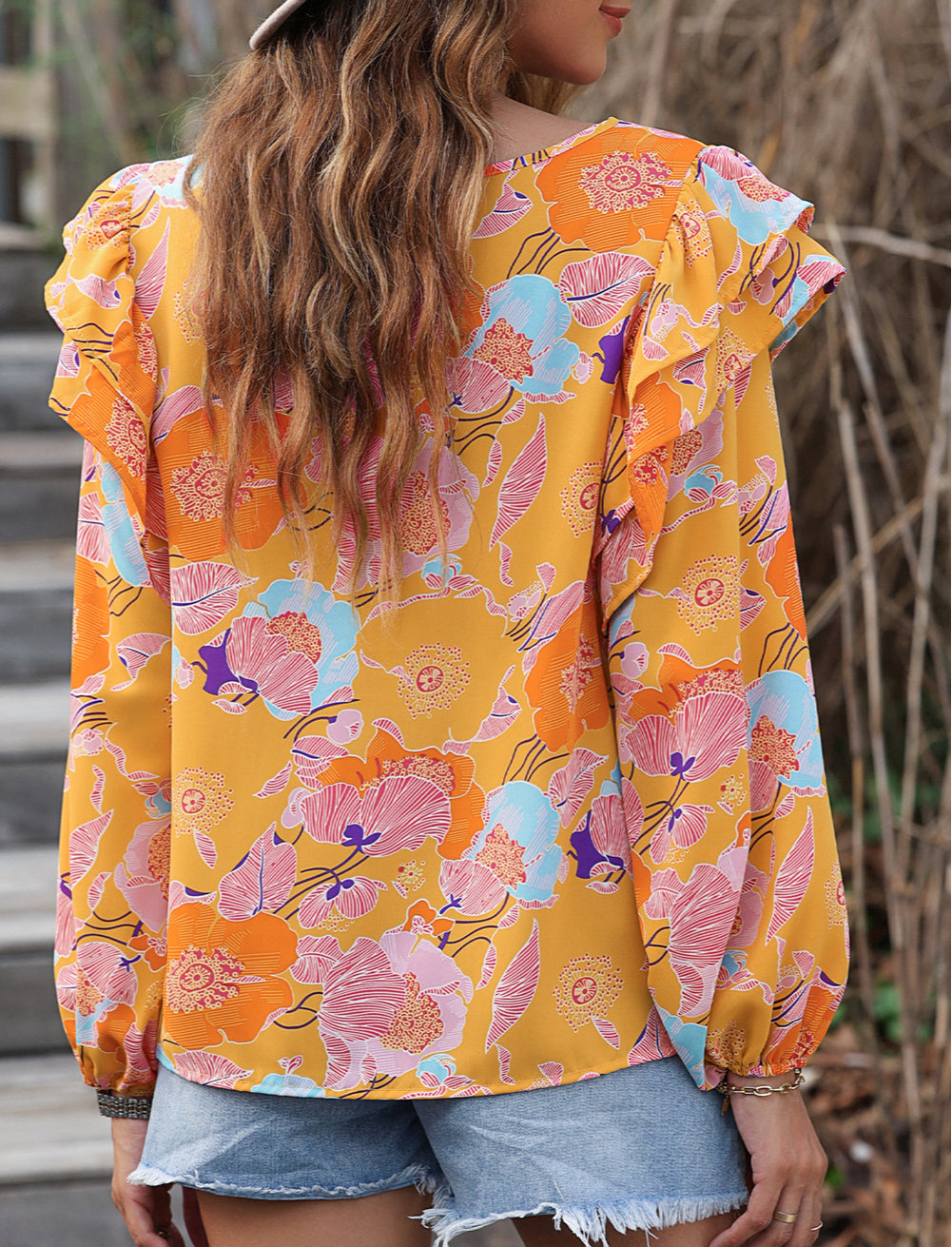 Floral Print Ruffle Puff Sleeve Blouse