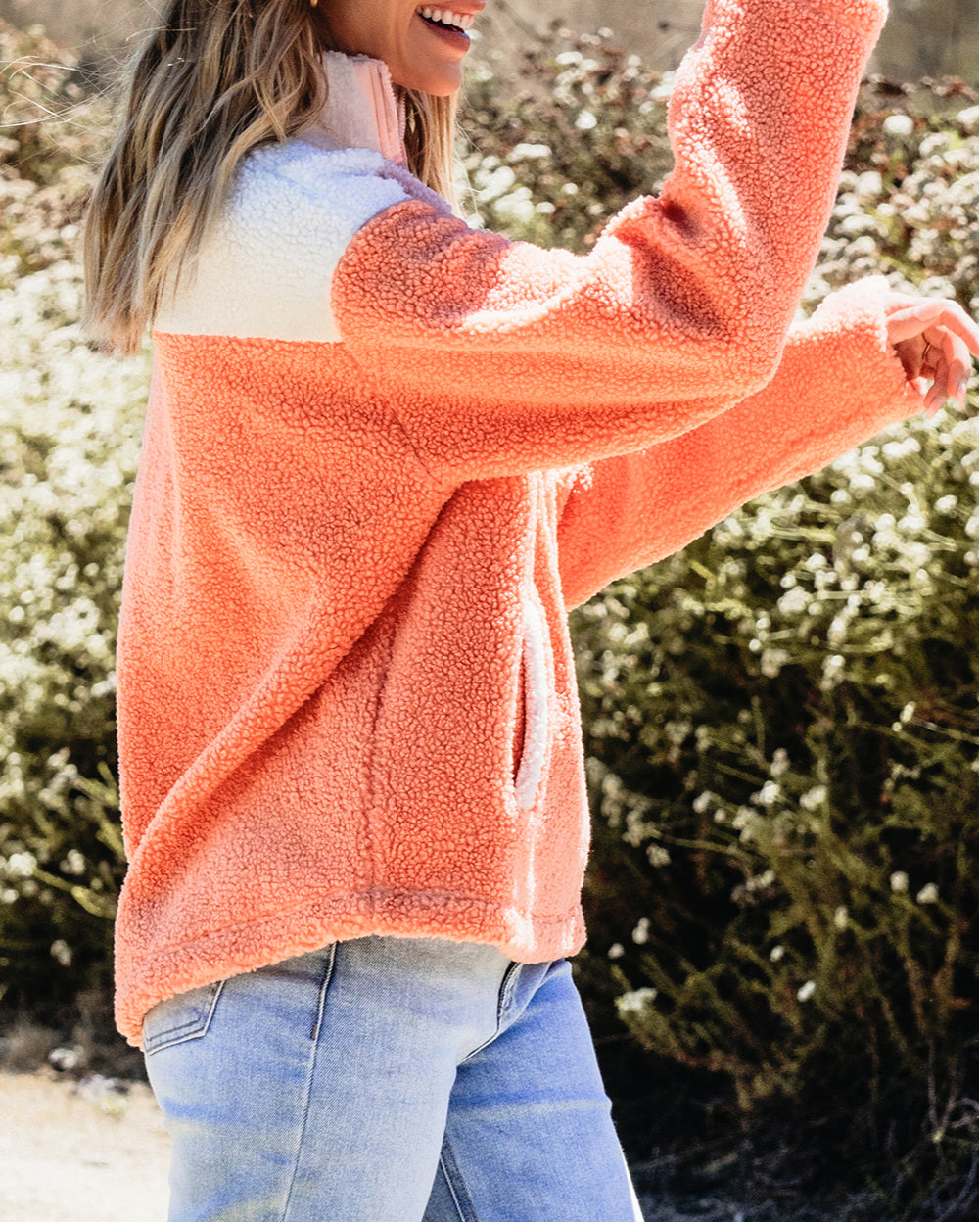 Colorblock Half Zipper Stand Neck Sherpa Sweatshirt