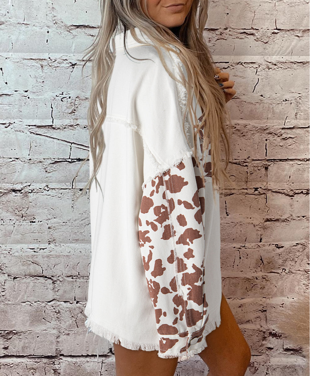 Cow Spot Patchwork Flap Pocket Distressed Hem Long Denim Jacket
