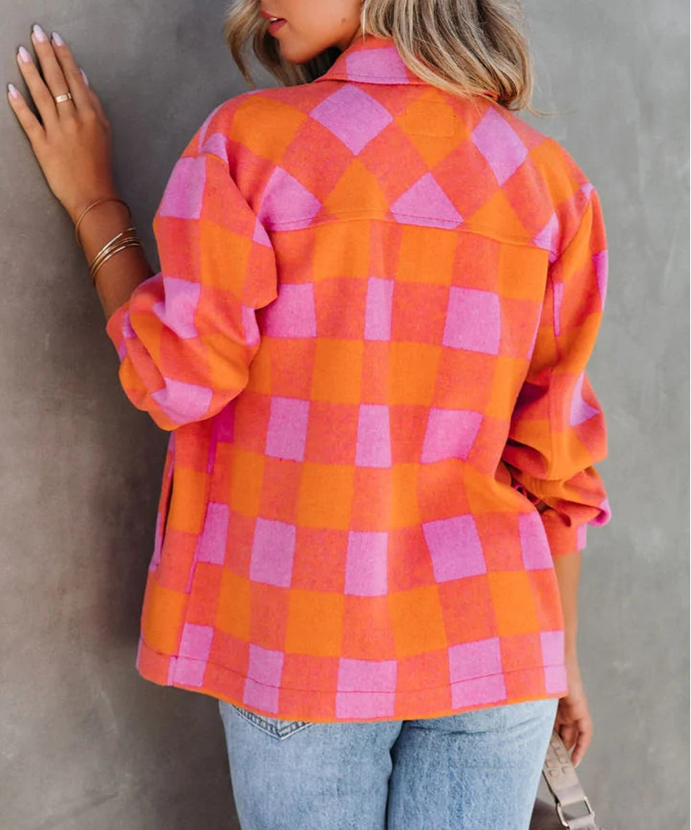 Plaid Chest Pockets Button-up Turn Down Collar Jacket