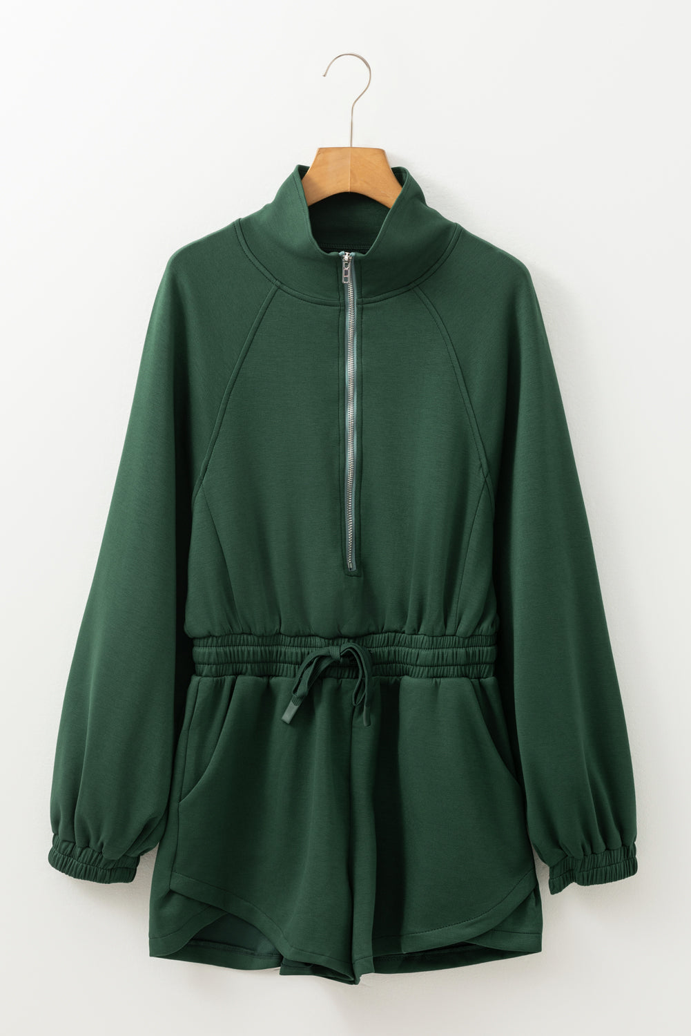 Collared Half Zip French Terry Knit Drawstring Casual Romper