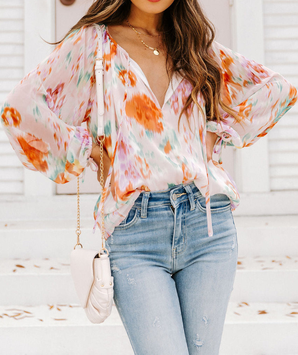 Abstract Print Split Neck Puff Sleeve Blouse