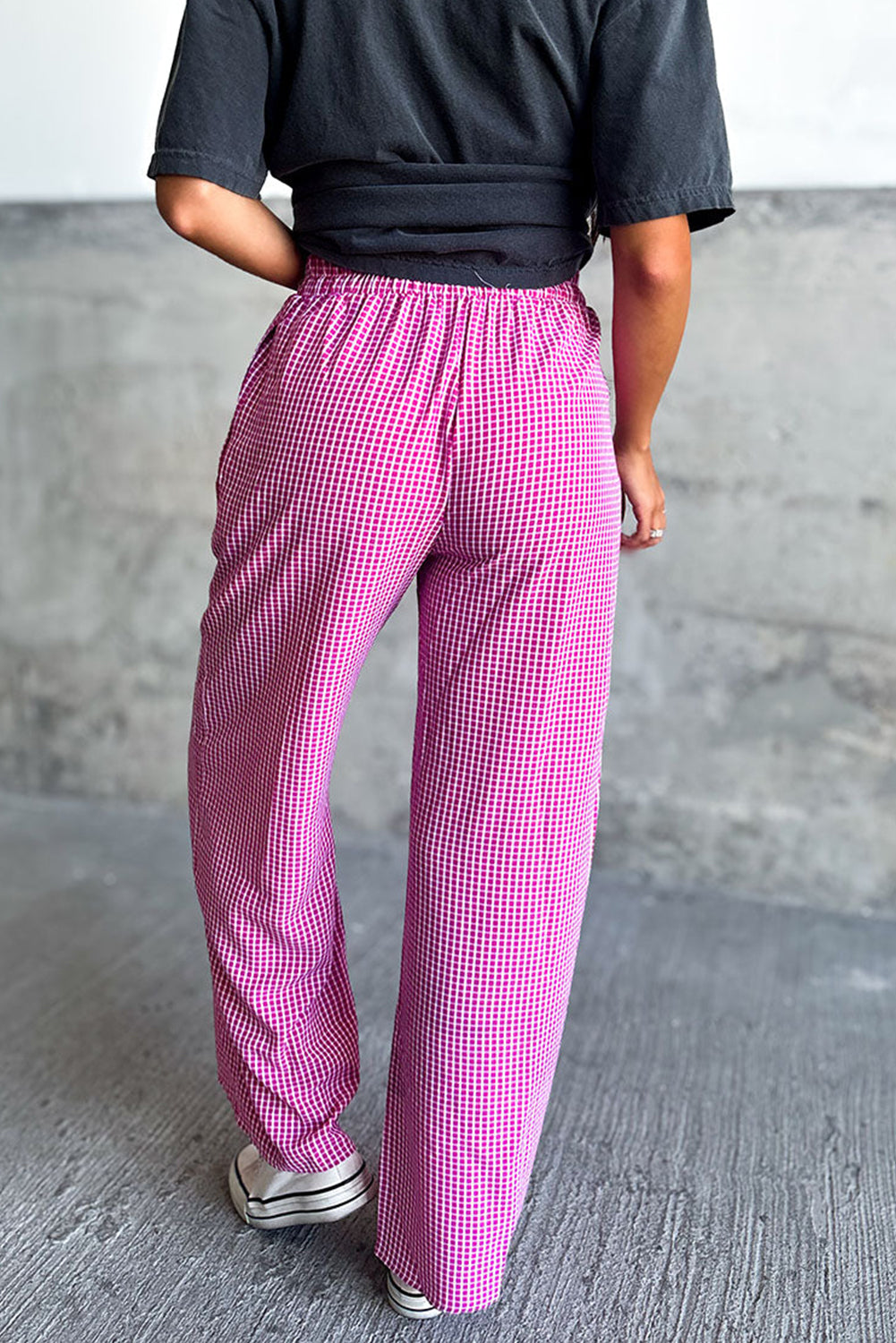 Plaid Print Drawstring High Waist Wide Leg Casual Pants