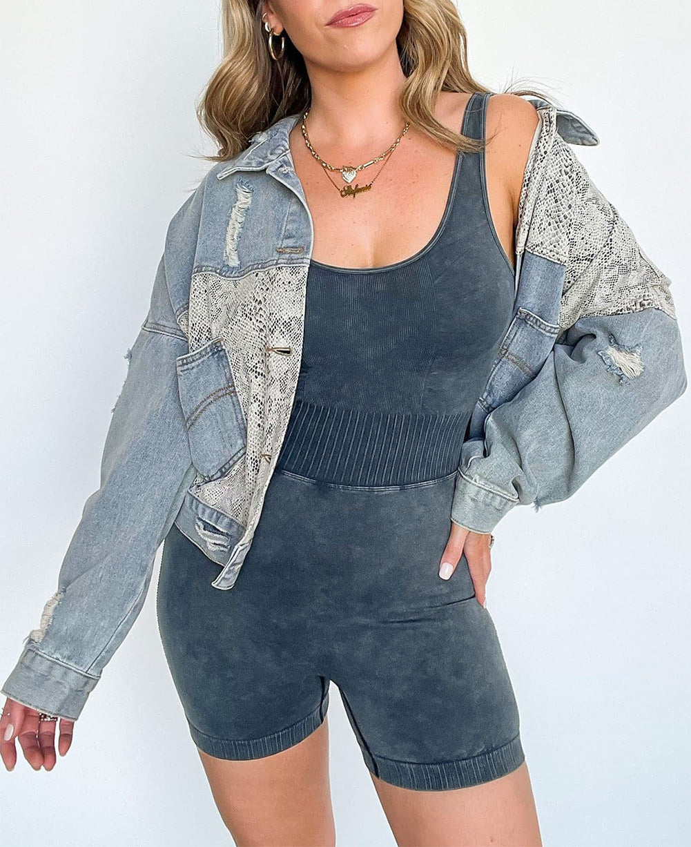 Mineral Wash Ribbed High Waist Athleisure Romper