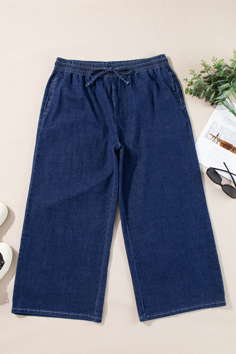 Plus Size Drawstring High Waist Wide Leg Casual Jeans