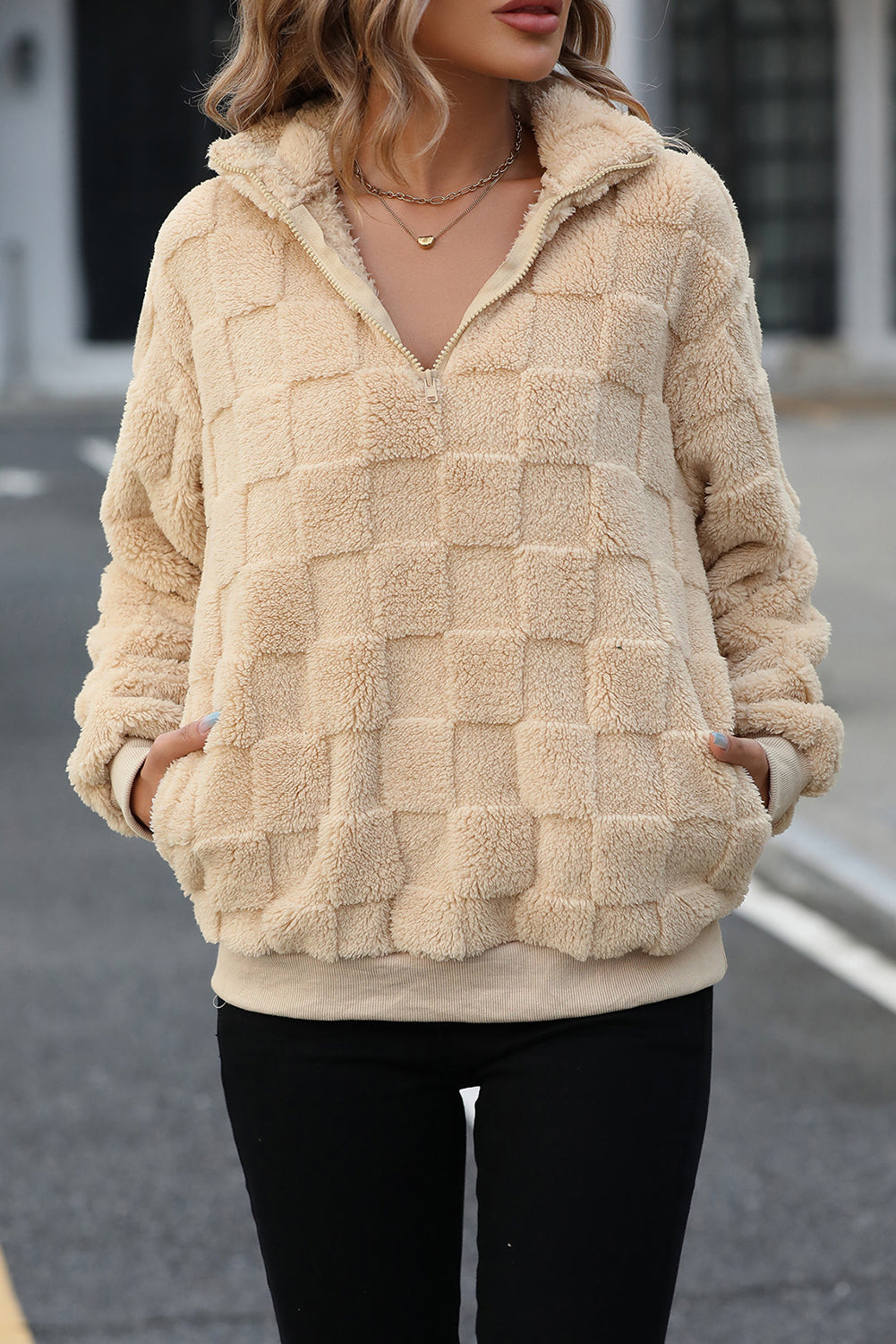 Checkered Plush Quarter Zipper Pullover Sweatshirt