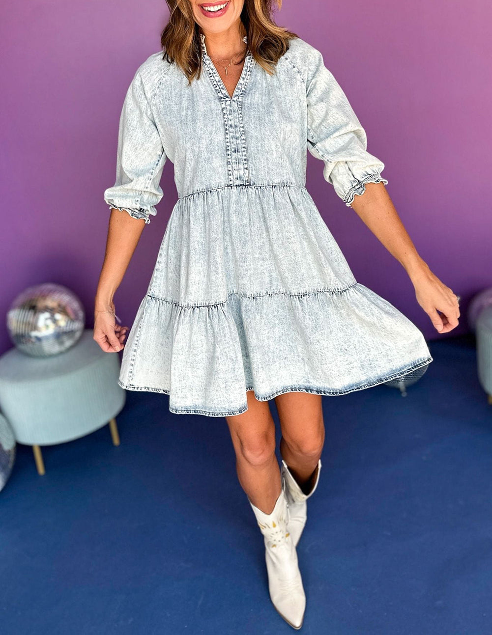 Acid Wash Retro Half Sleeve Flared Denim Dress