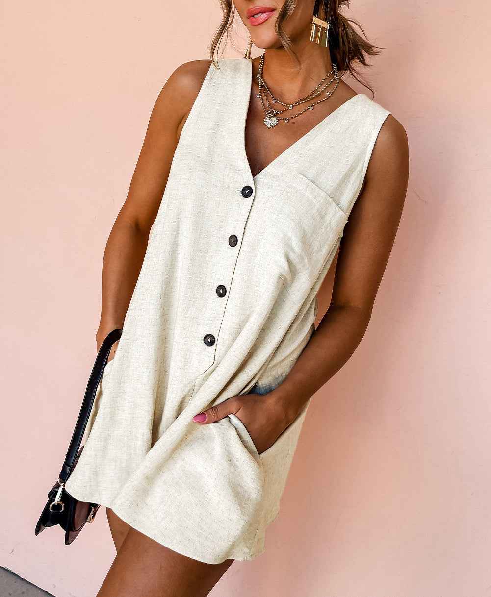 Sleeveless V Neck Buttoned Front Chest Pocket Romper