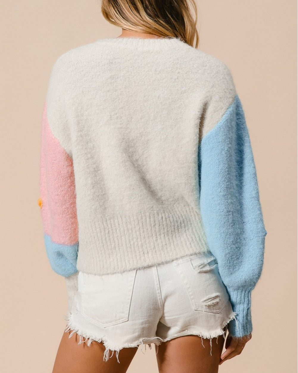 Floral Embroidered Colorblock Fuzzy Drop Shoulder Sweater