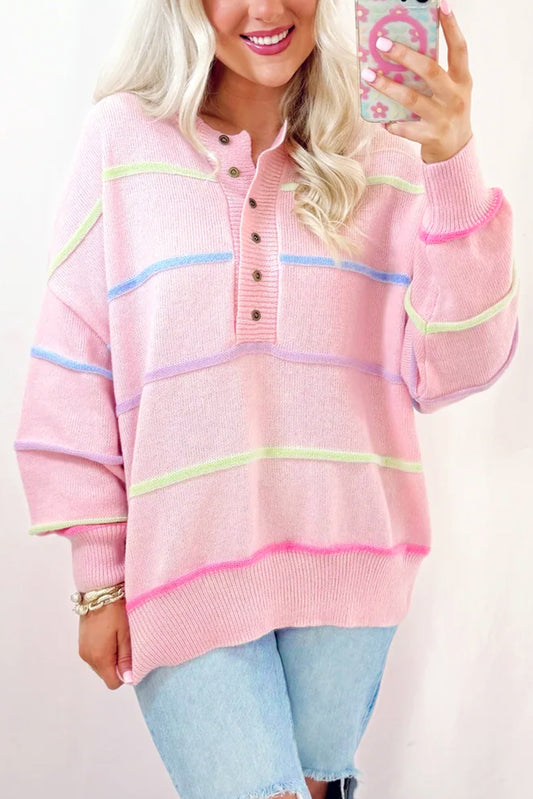 Rainbow Stripes Drop Shoulder Baggy Henley Sweater