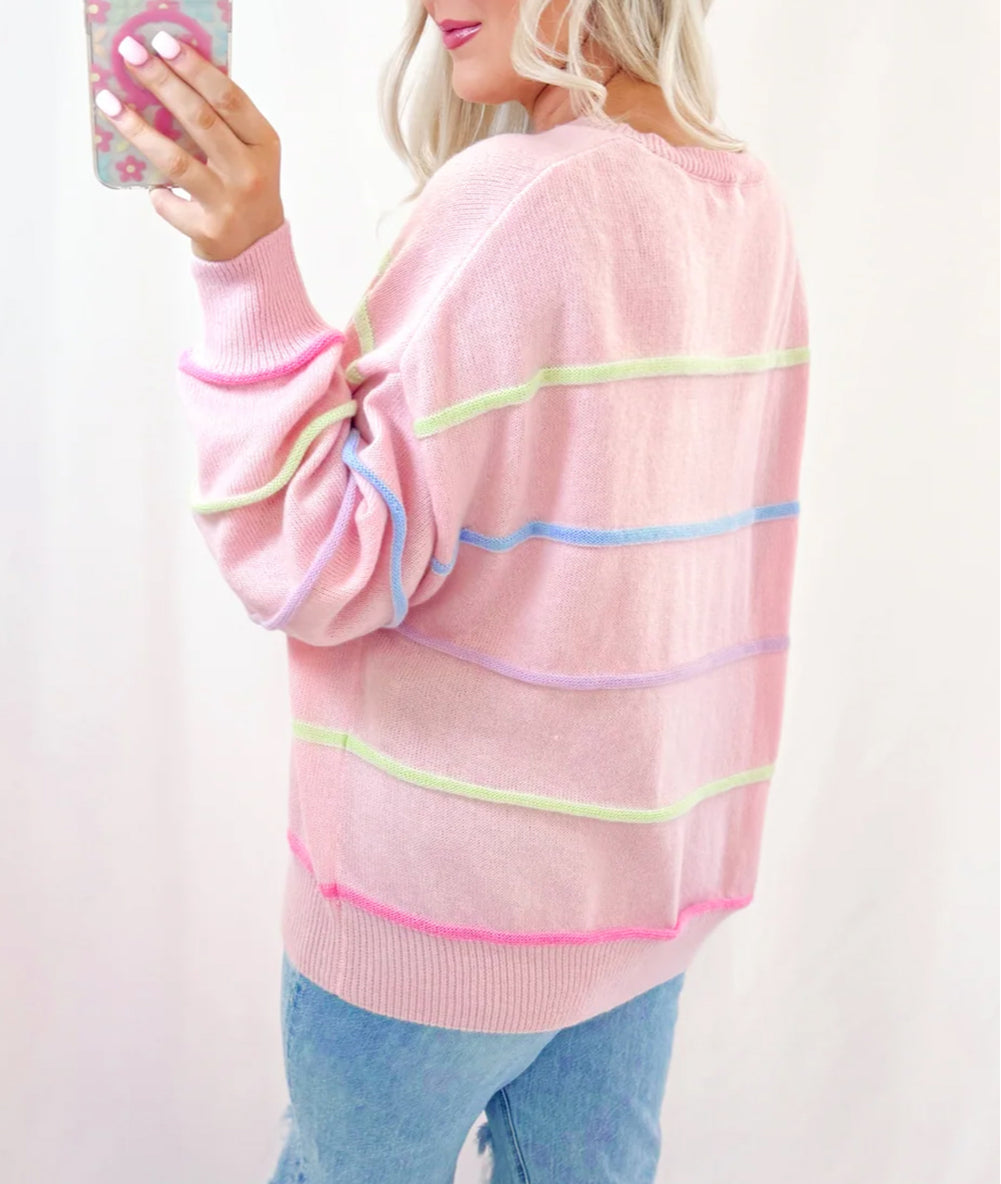 Rainbow Stripes Drop Shoulder Baggy Henley Sweater