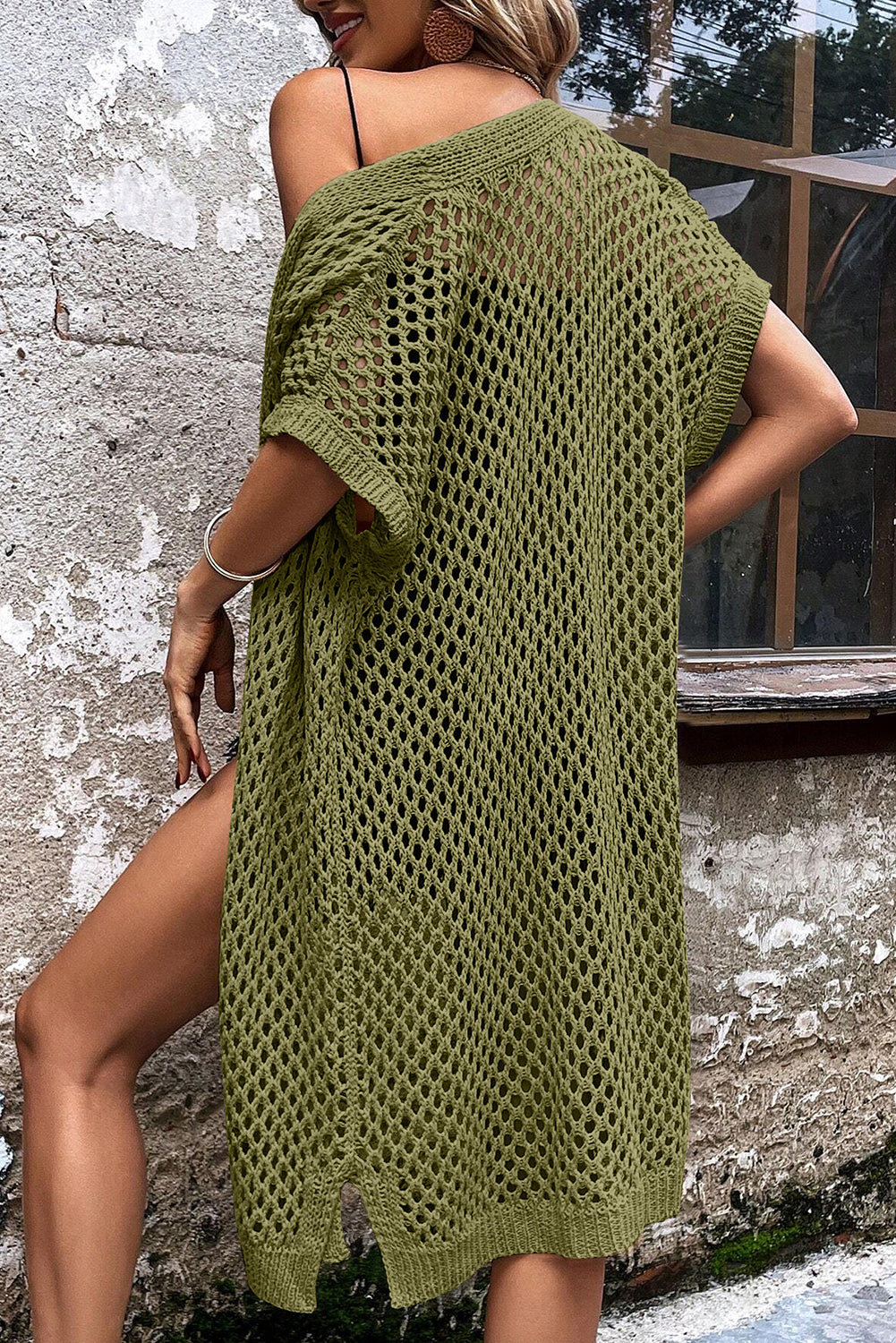 Batwing Sleeve Pointelle Knit Open Front Cardigan