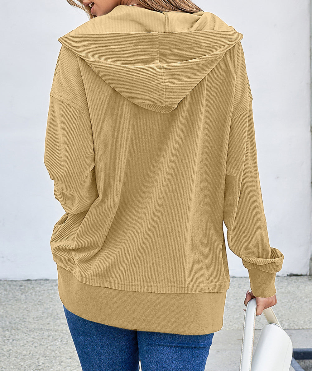 Solid Ribbed Knit Buttoned Drop Shoulder Oversized Hoodie