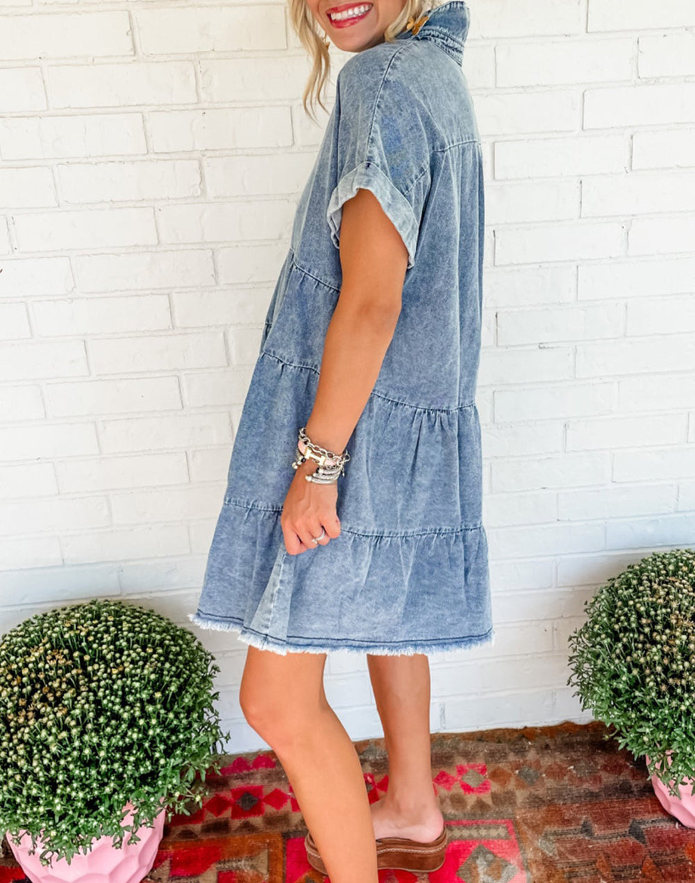 Acid Wash V Neck Tiered Denim Dress