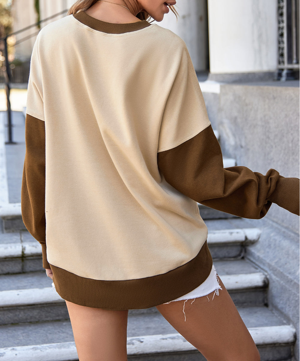 Apricot Color Block Thumbhole Sleeve Drop Shoulder Sweatshirt