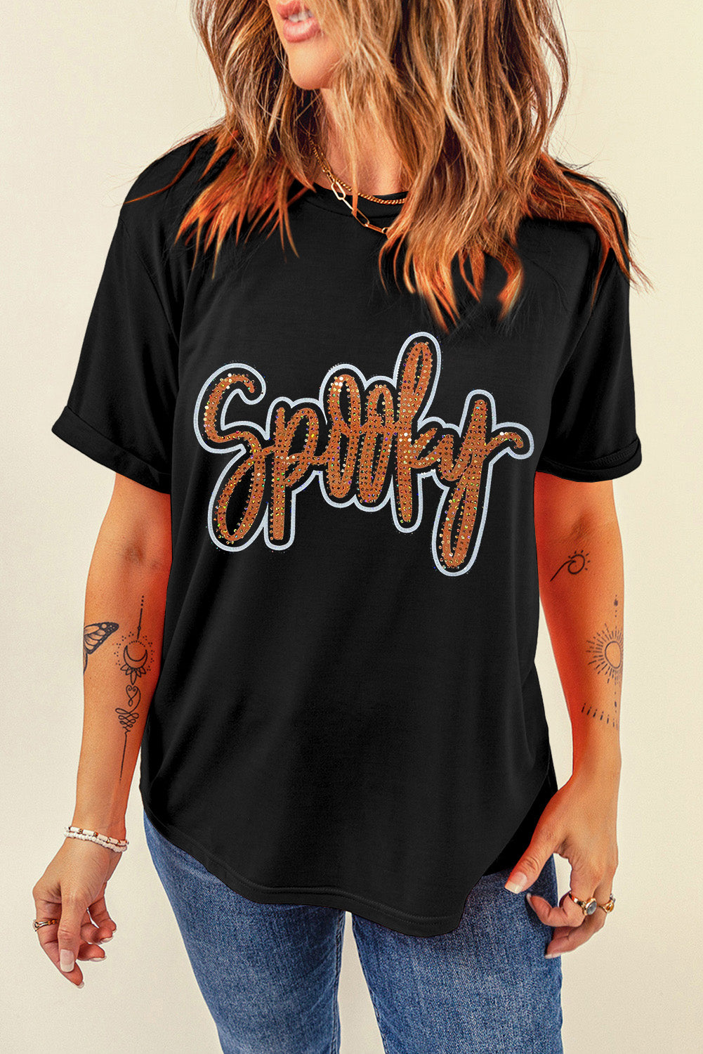 Spooky Rhinestone Crew Neck Graphic Tee