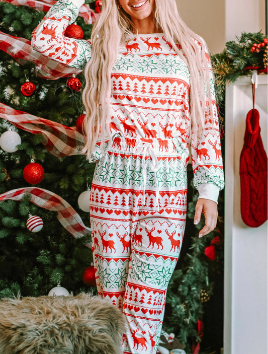 Christmas Print Pullover and Pants Lounge Set