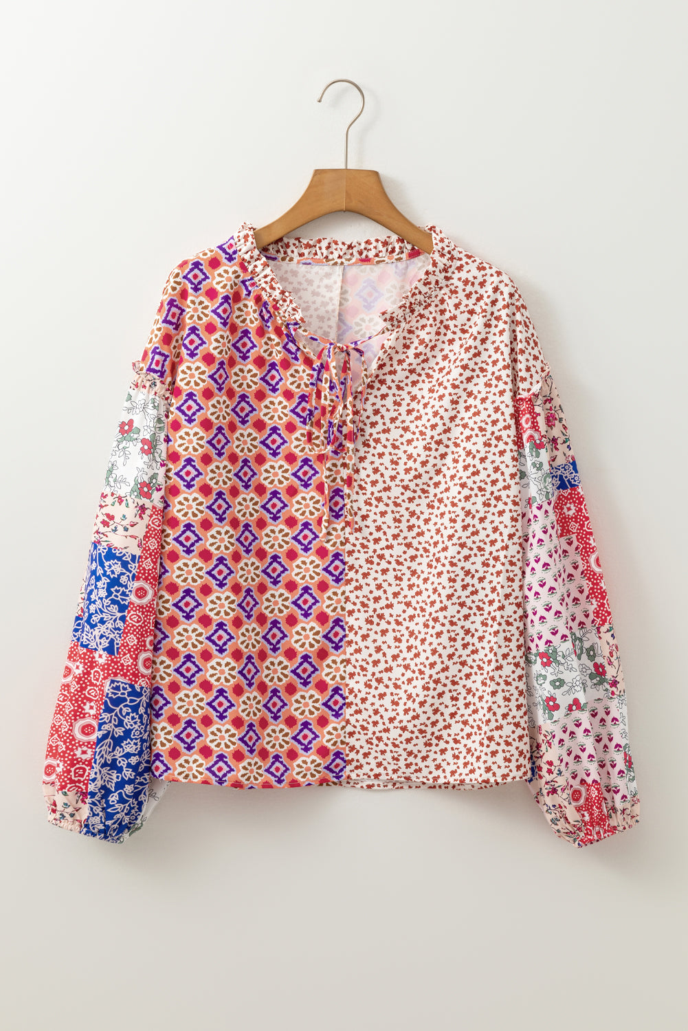 Mixed Floral Printed Long Sleeve Tied V Neck Blouse