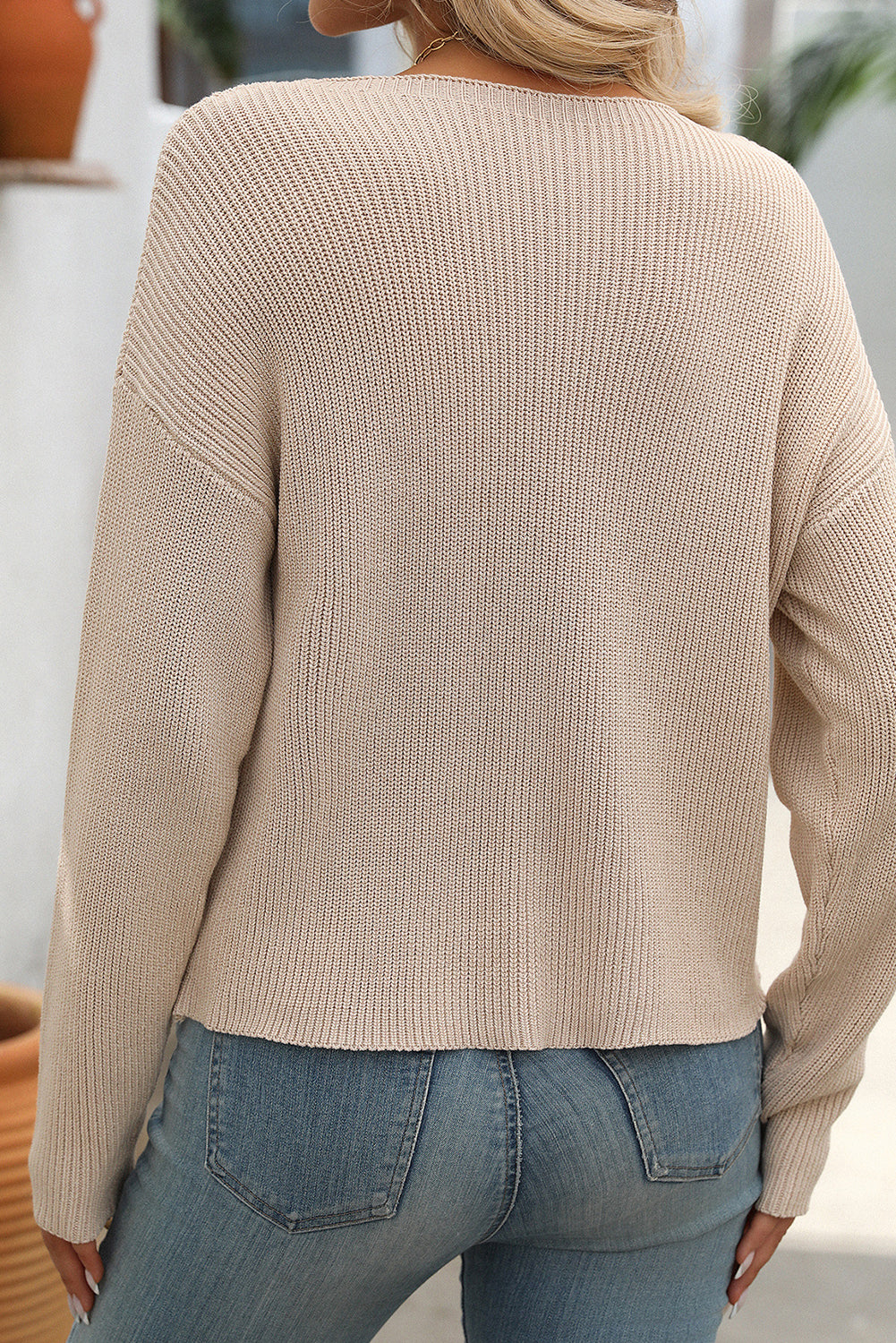 Solid Color Drop Shoulder Chest Pocket Sweater