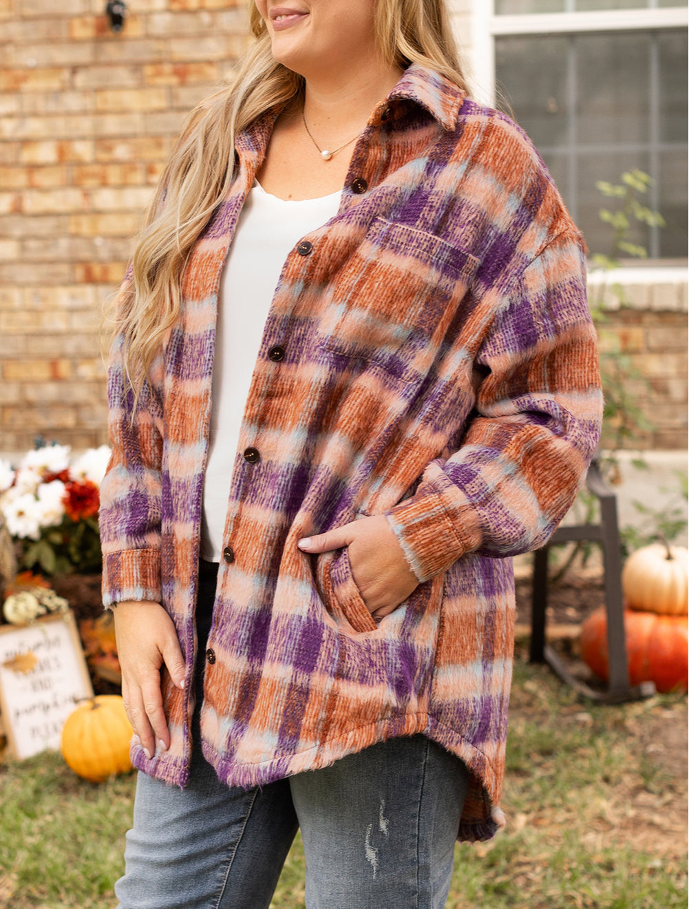Plus Size Plaid Print Collared Button up Jacket