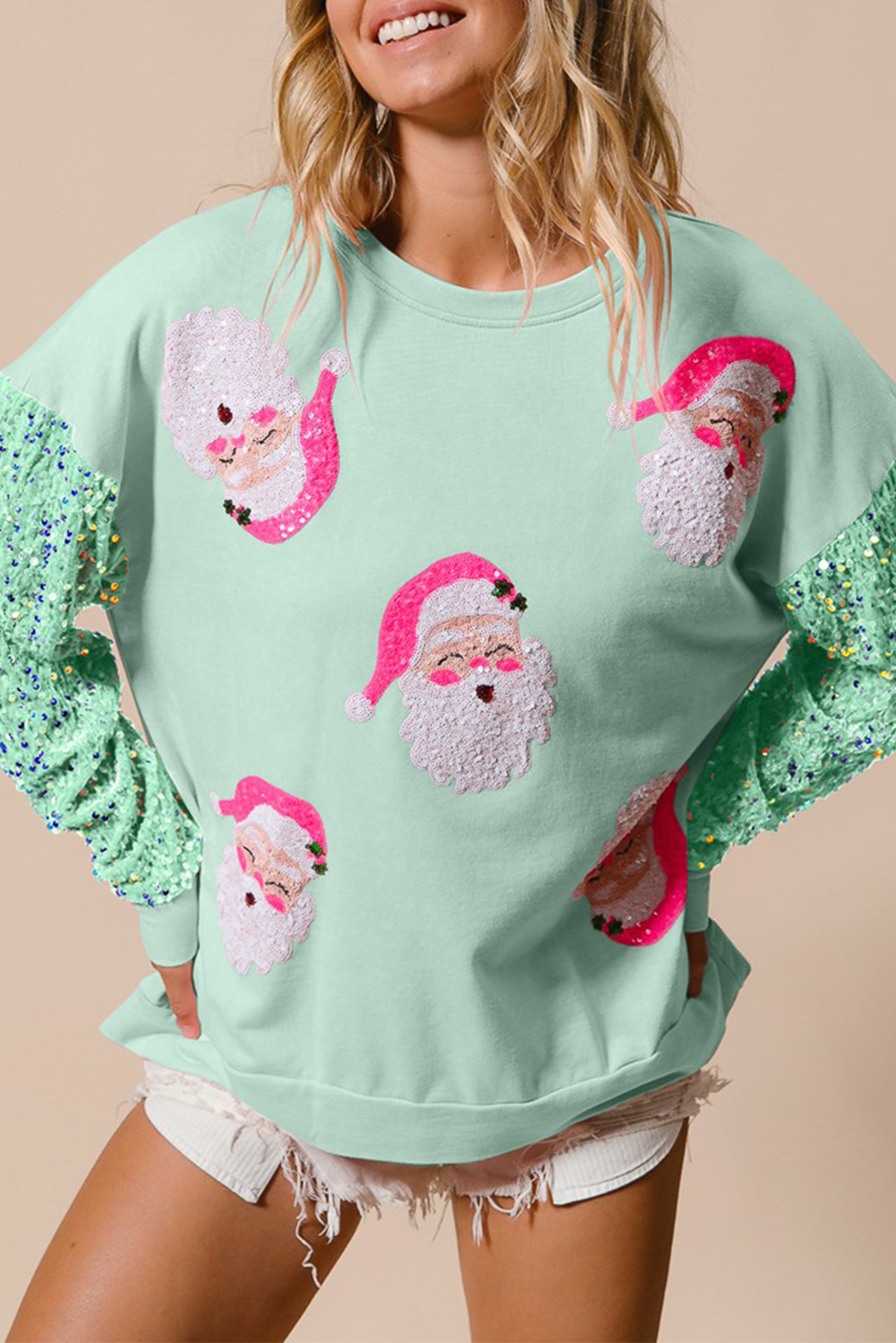 Sequined Santa Claus Long Sleeve Christmas Sweatshirt