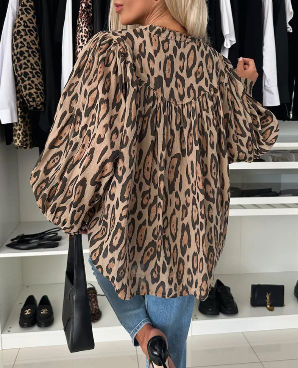 Oversized Leopard Print Balloon Sleeve Casual Shirt