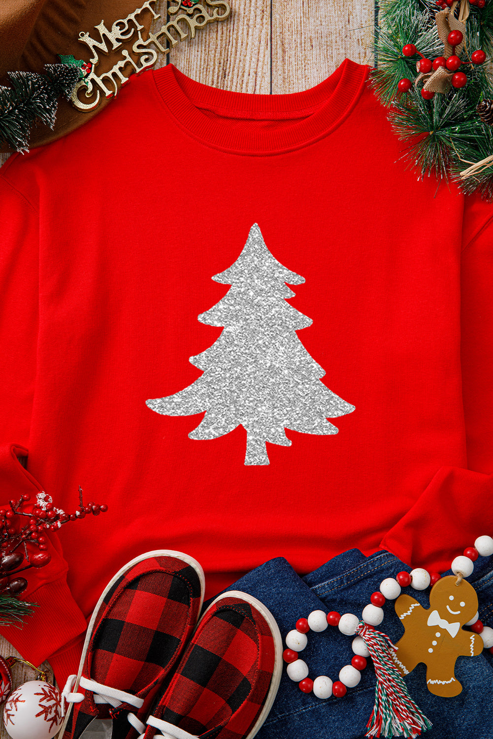 Silver Christmas Tree Printed Drop Shoulder Sweatshirt