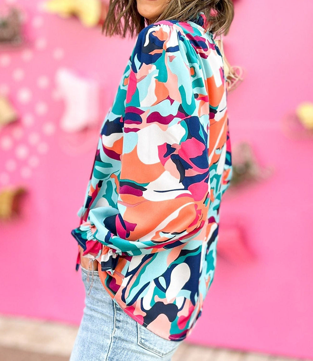 Abstract Print Frill Tie V Neck Long Sleeve Blouse