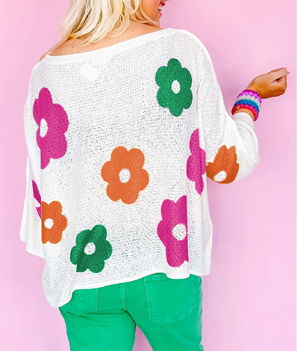 Floral Print Buttoned Loose Lightweight Sweater