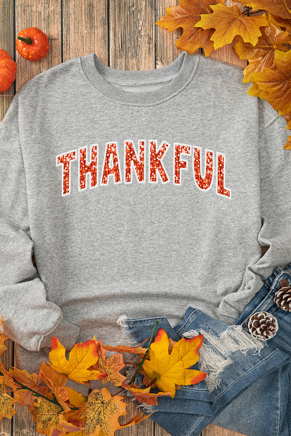 THANKSFUL Shiny Letter Printed Graphic Sweatshirt