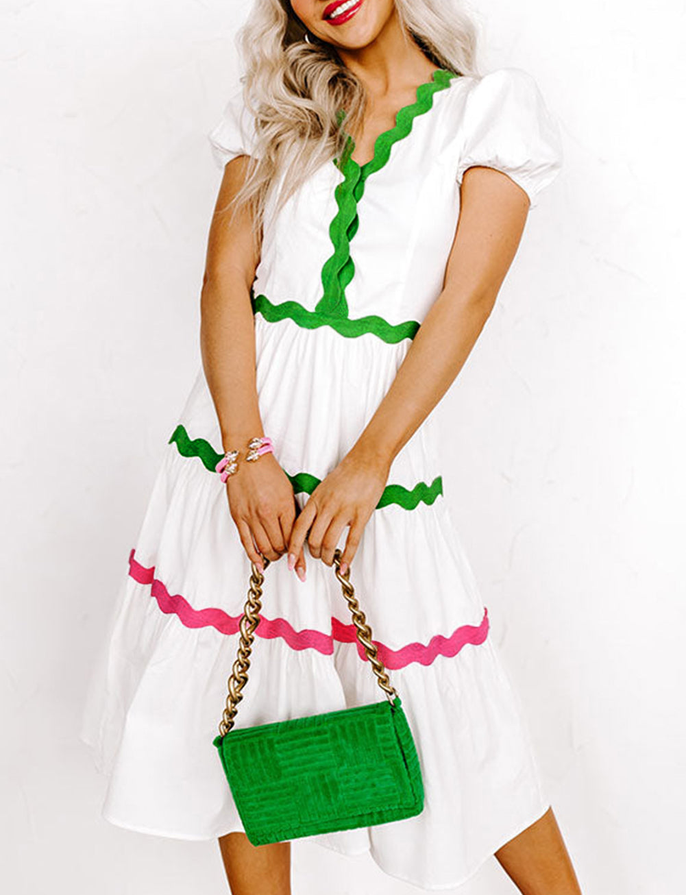 Ric Rac Trim Short Puff Sleeve Flowy Midi Dress