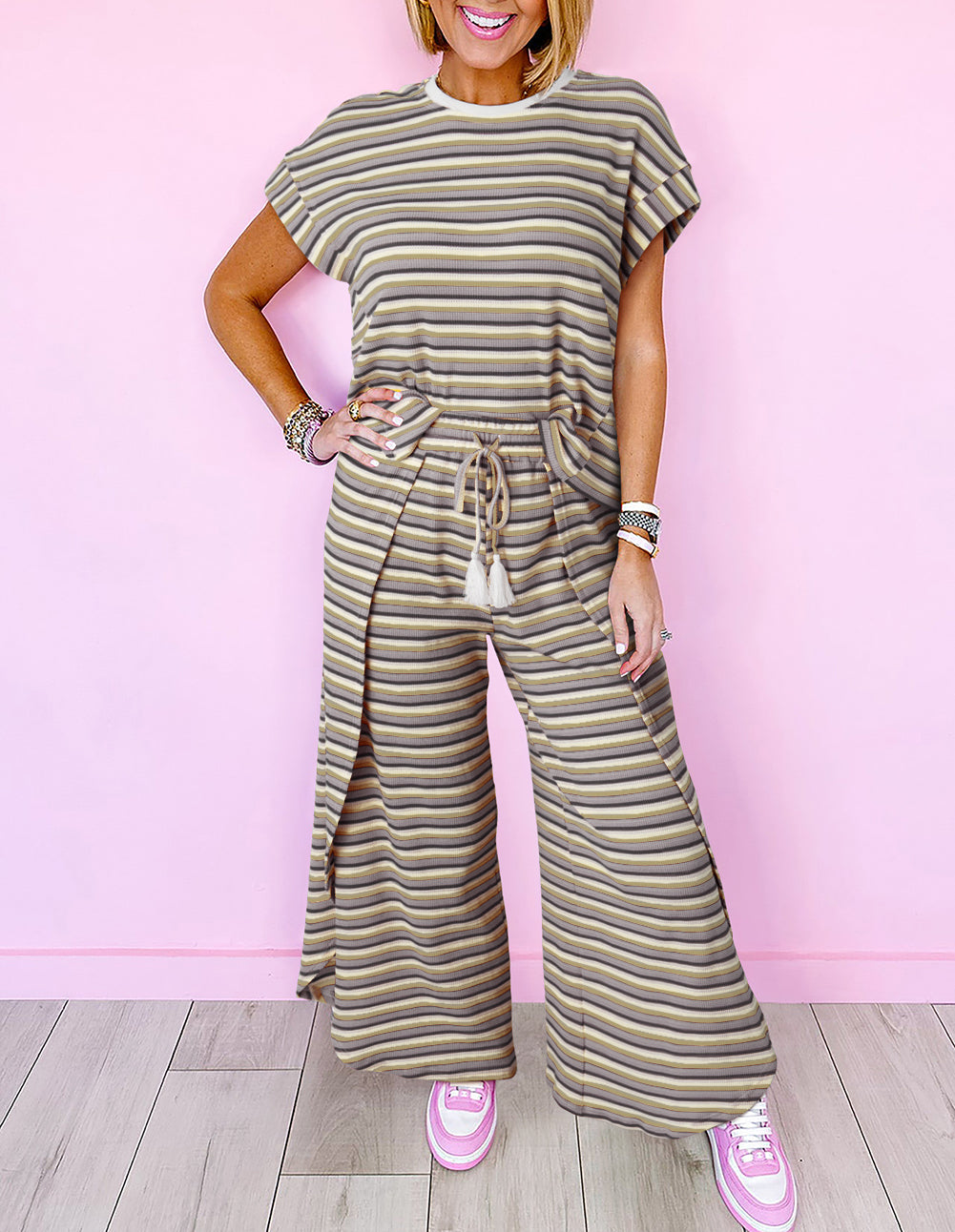 Stripe Rainbow Tee Tasseled String Wide Leg Pants Set