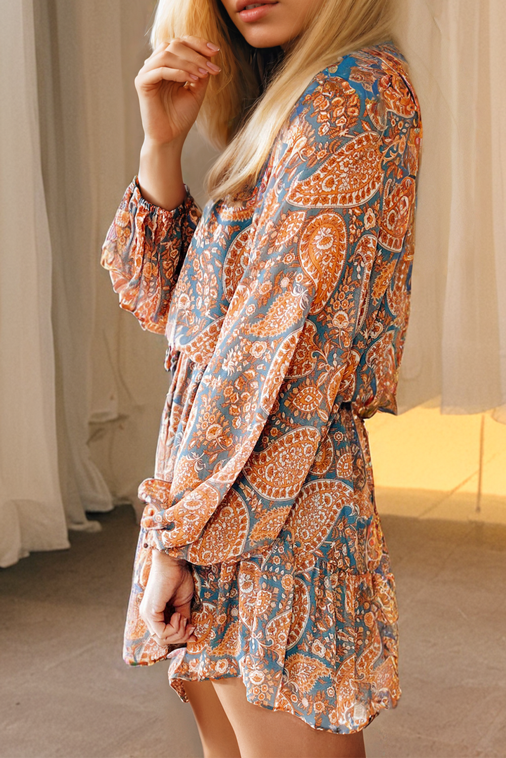 Print Loose Fit Drawstring High Waist Mini Dress