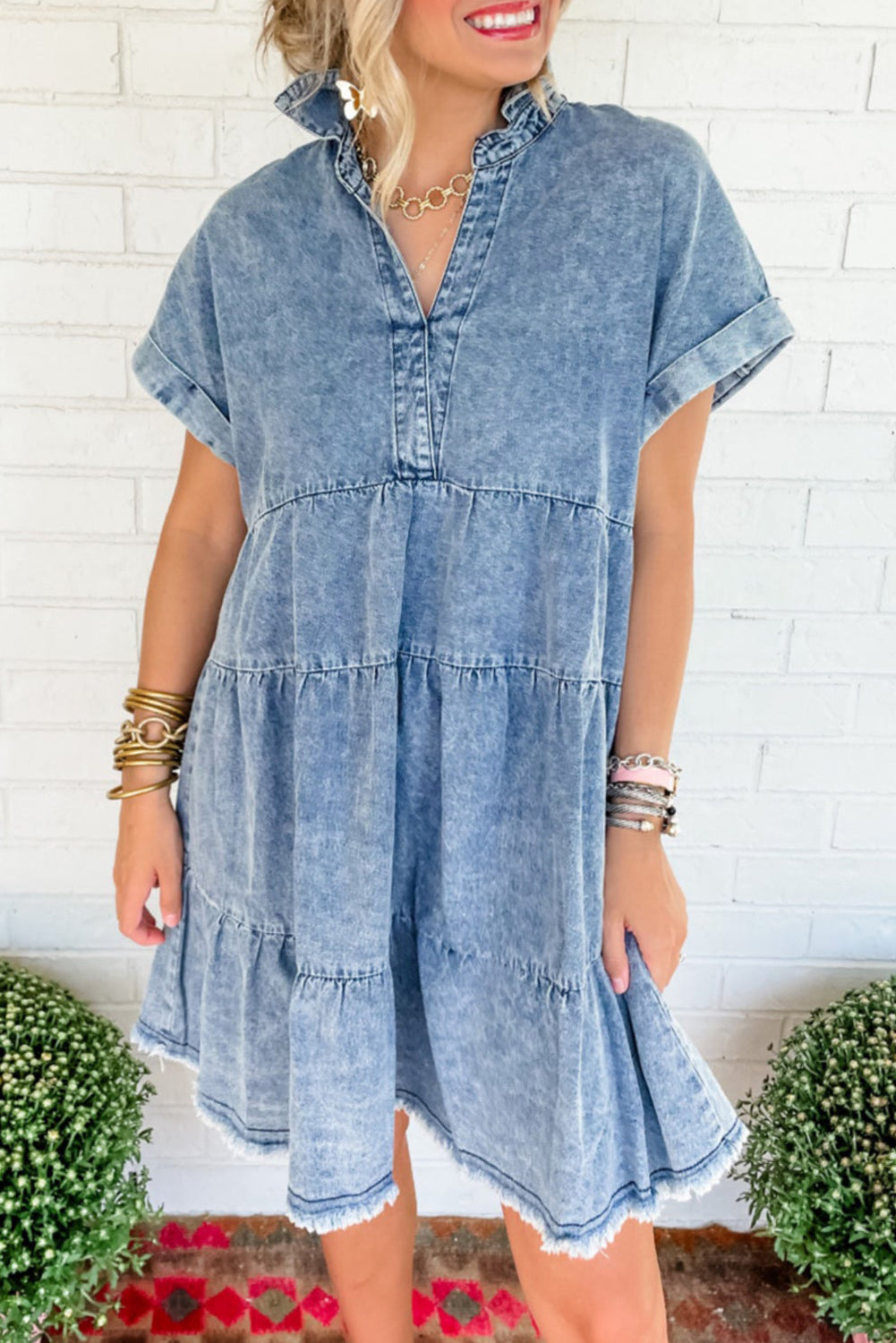 Acid Wash V Neck Tiered Denim Dress