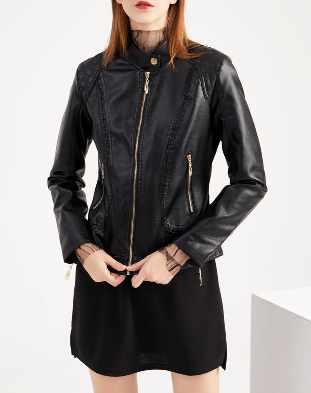 Quilted Detail Zip Leatherette Moto Jacket