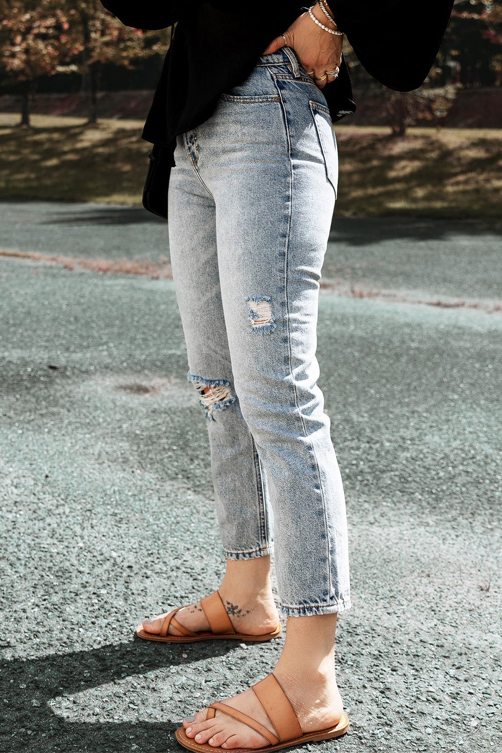 Acid Wash Distressed Straight Leg Cropped Jeans