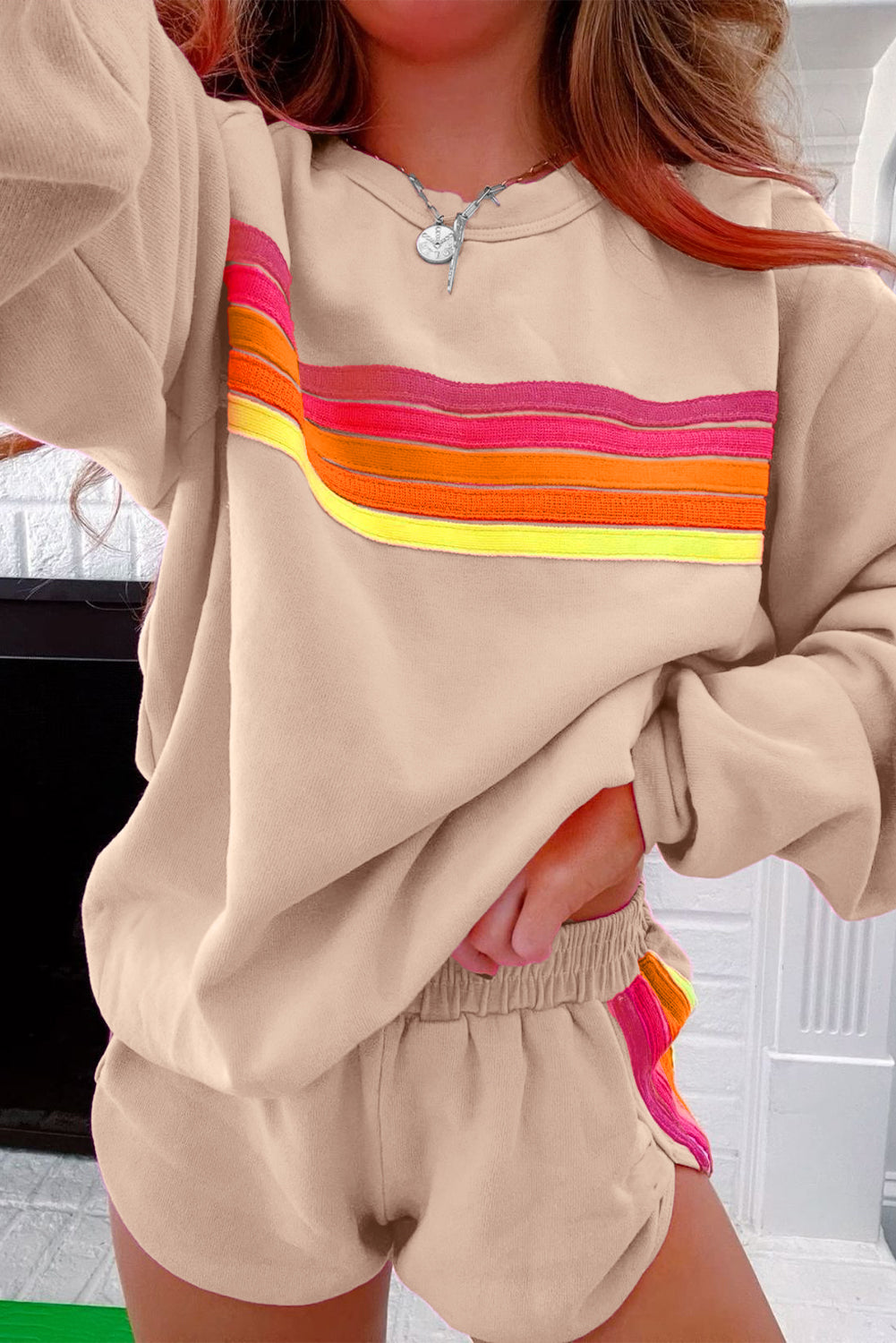 Striped Accent Pullover and Shorts Two Piece Casual Set