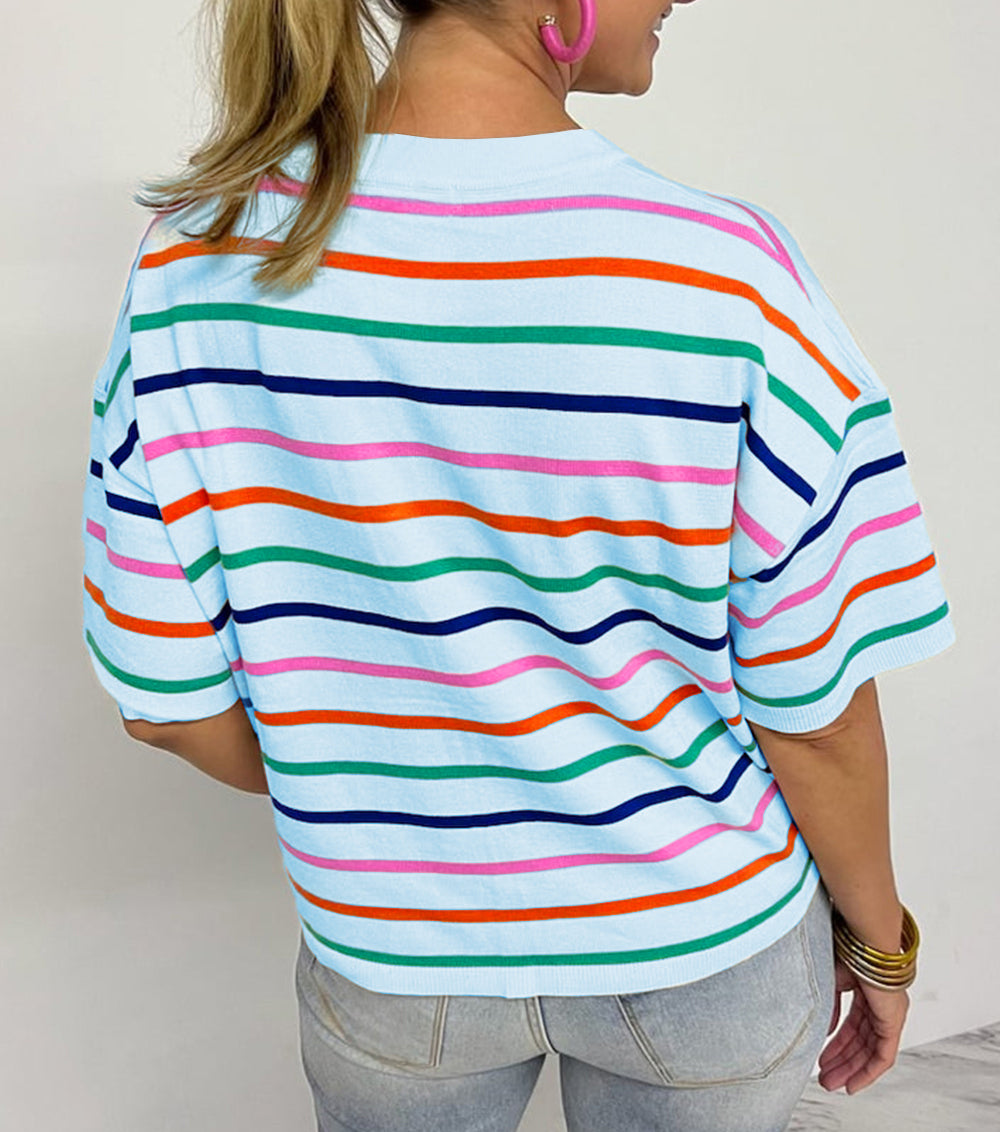 Stripe Dropped Short Sleeve Boxy Fit Knitted Top