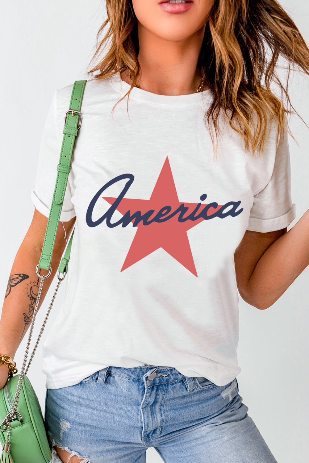 America Star Shape Print O Neck Loose Fit T Shirt