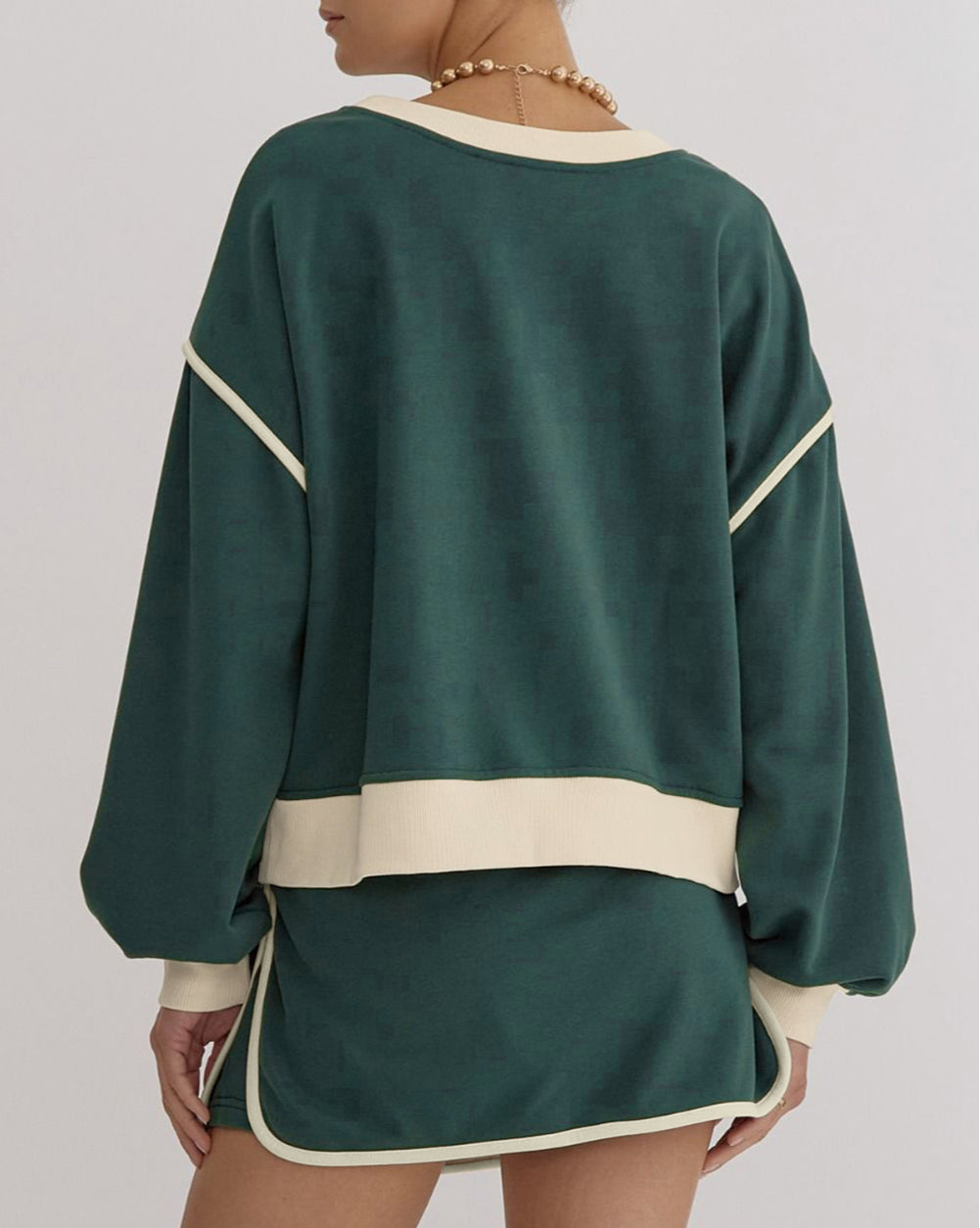 Color Contrast Loose Pullover and Lace-up Waist Skort Set