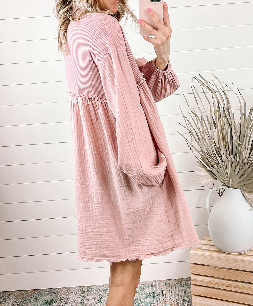 Patchwork Crinkle Puff Sleeve Shirt Dress