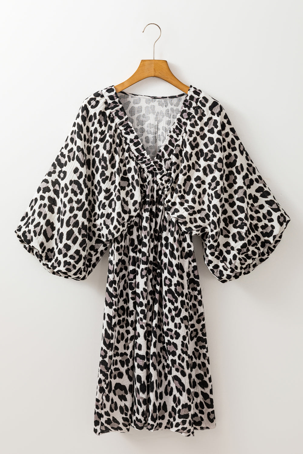 Leopard Print Elasticated V Neck 3/4 Puff Sleeve Dress