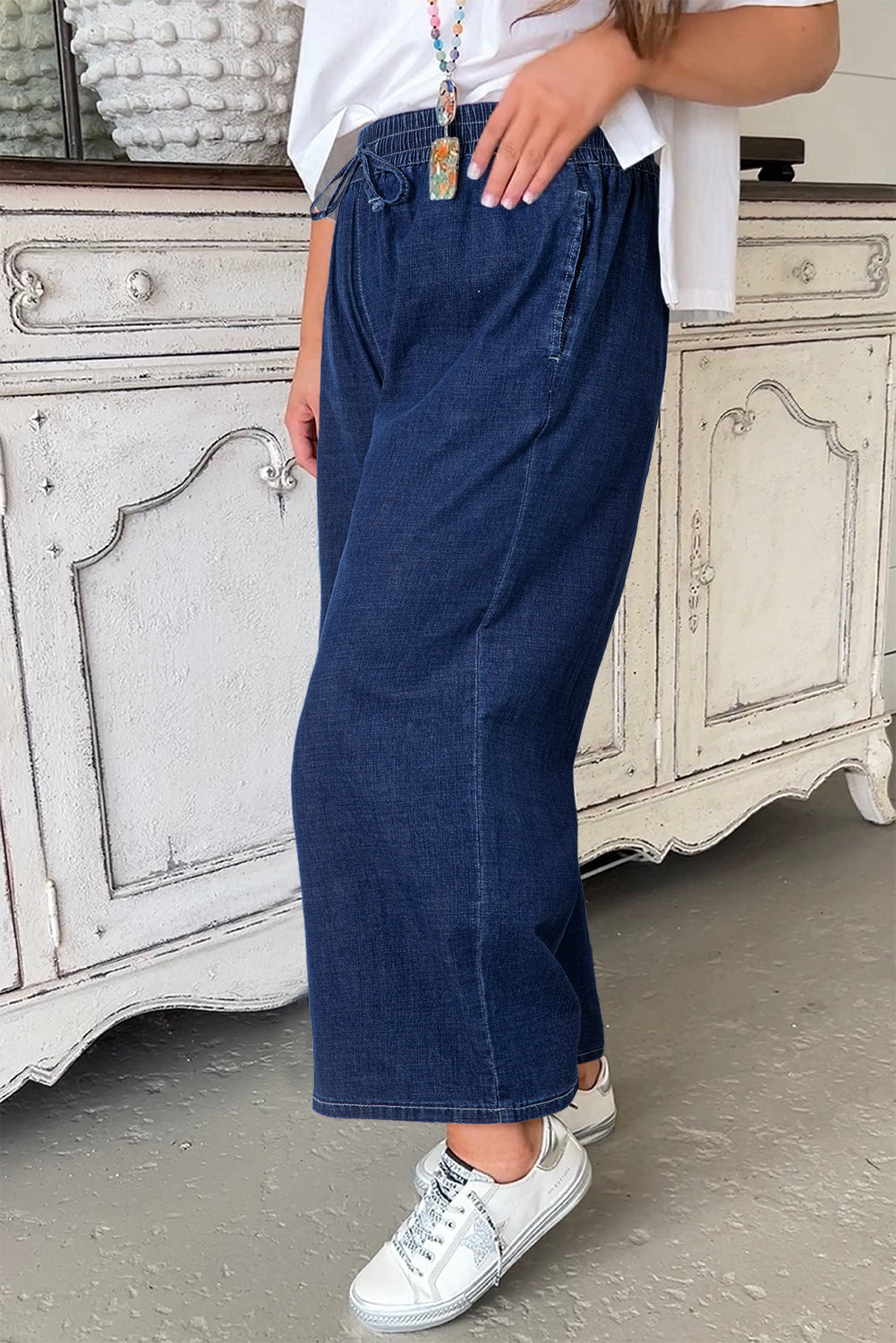 Plus Size Drawstring High Waist Wide Leg Casual Jeans