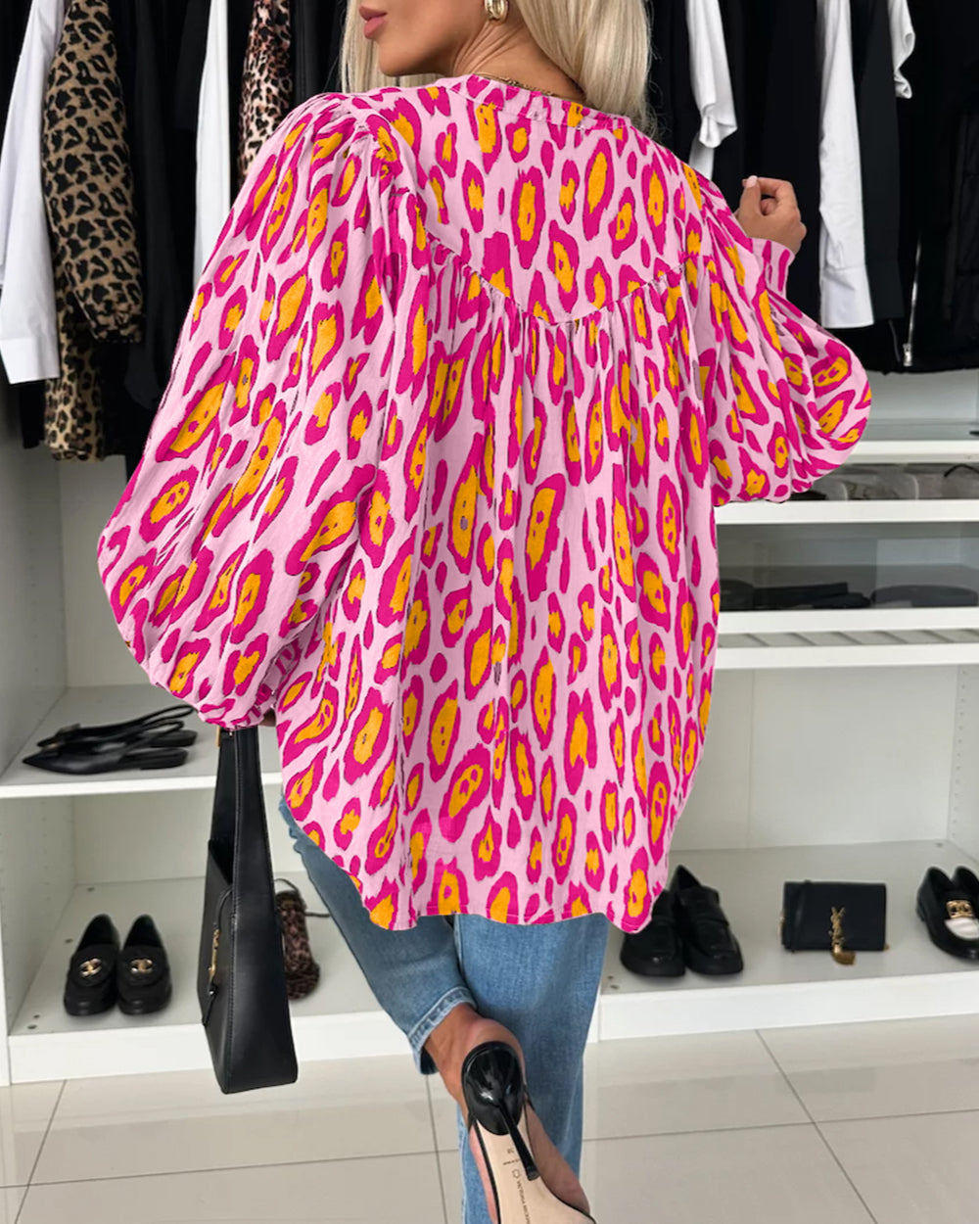 Oversized Leopard Print Balloon Sleeve Casual Shirt