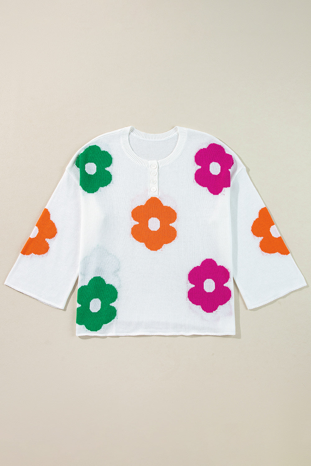 Floral Print Buttoned Loose Lightweight Sweater