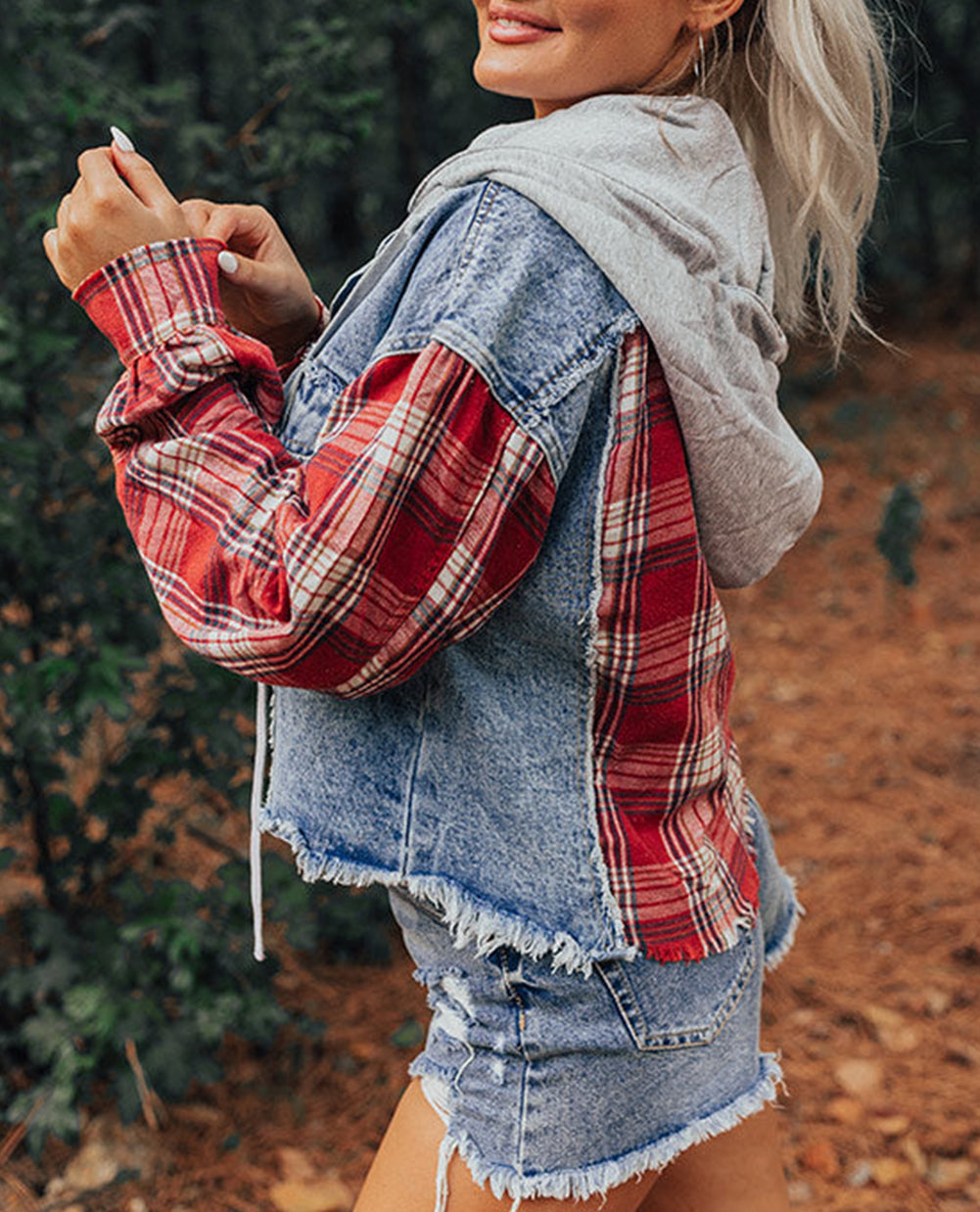 Plaid Print Patchwork Hooded Raw Hem Denim Jacket