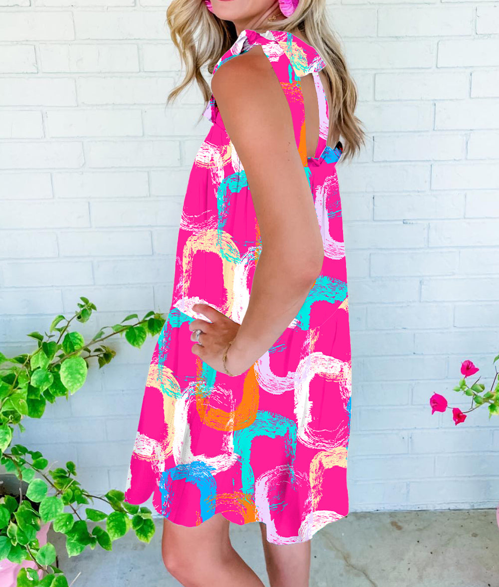 Abstract Print Knotted Straps Ruffled Mini Dress