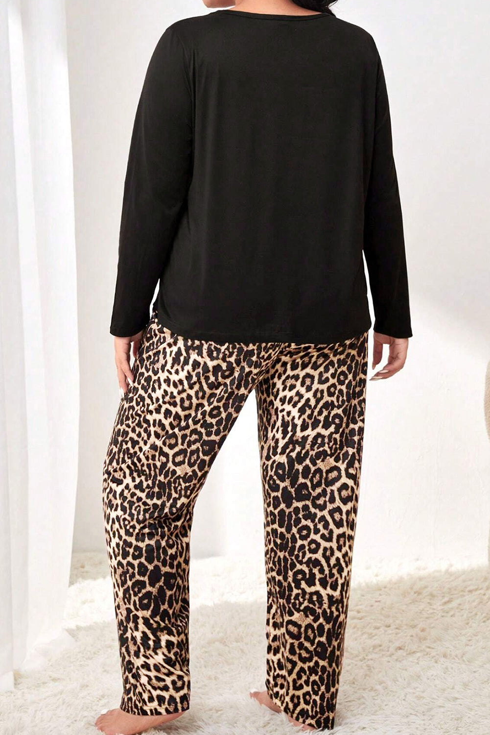 Leopard Patched Pocket Long Sleeve Top Plus Size Pants Set