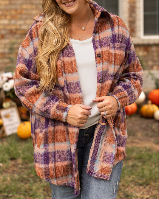 Plus Size Plaid Print Collared Button up Jacket