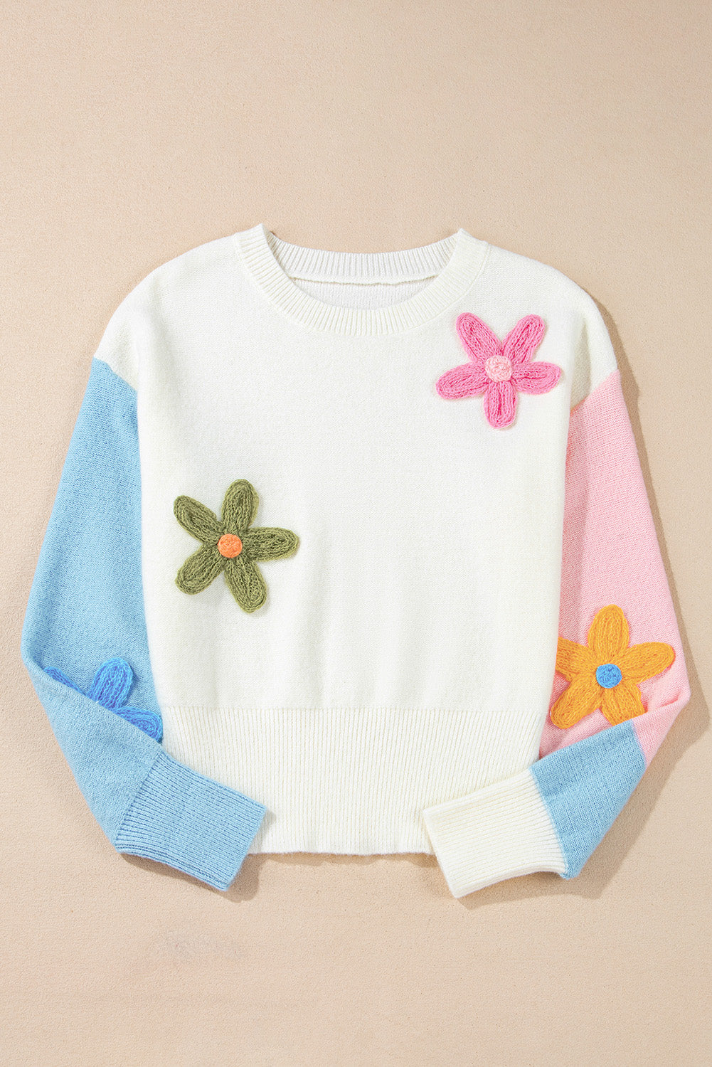 Floral Embroidered Colorblock Fuzzy Drop Shoulder Sweater